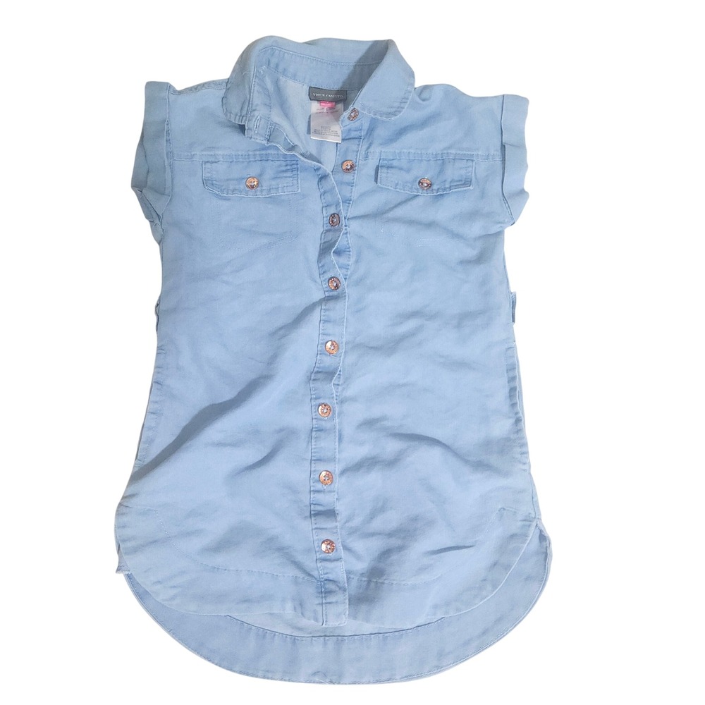 Vince Camuto Womens Light Wash Chambray Sleeveless Button Down Shirt Small